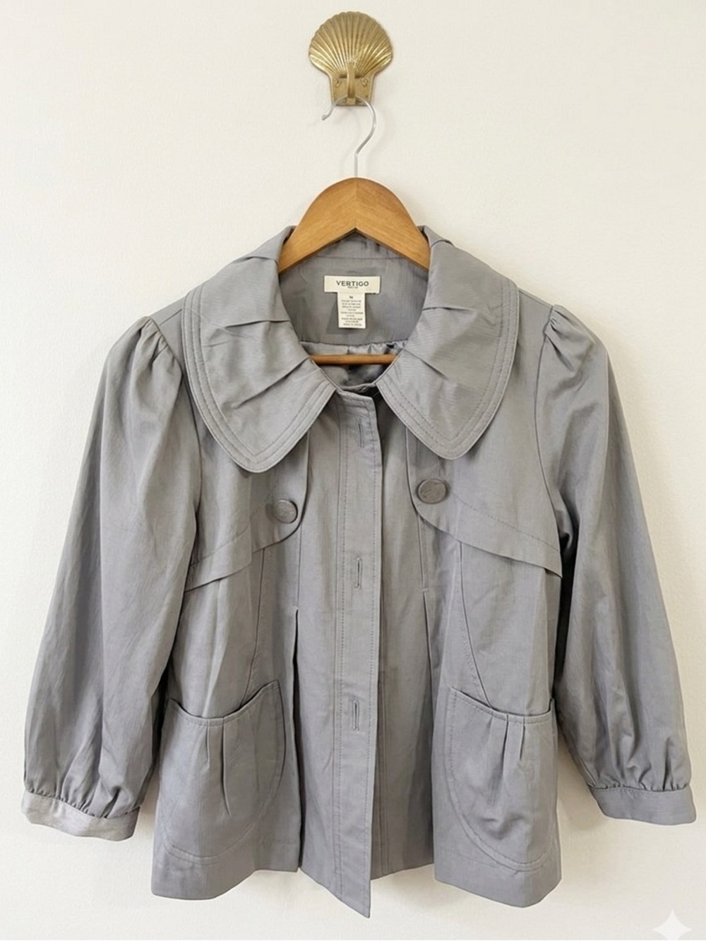 Vertigo Paris Grey Portrait Collar Puff Sleeve Button Up Jacket M